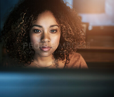 Buy stock photo Computer, face and night with black woman programmer in office for web development deadline. Code, programming and software with confident coder in workplace for cyber security of computer system 