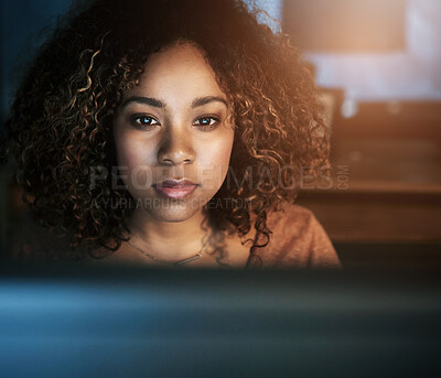 Buy stock photo Computer, face and night with black woman programmer in office for web development deadline. Code, programming and software with confident coder in workplace for cyber security of computer system