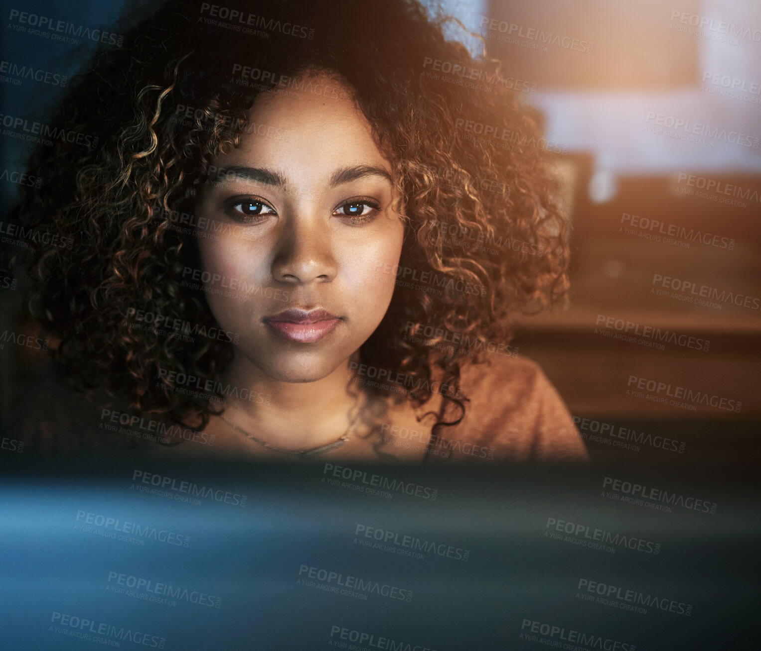 Buy stock photo Computer, face and night with black woman programmer in office for web development deadline. Code, programming and software with confident coder in workplace for cyber security of computer system