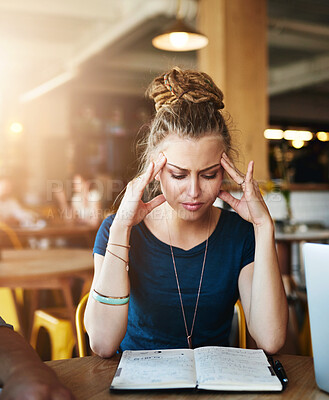 Buy stock photo Book, stress and girl with headache at cafe for learning with vertigo, disaster or brain fog at campus cafeteria. University, anxiety or student frustrated by notebook fail, overthinking or deadline