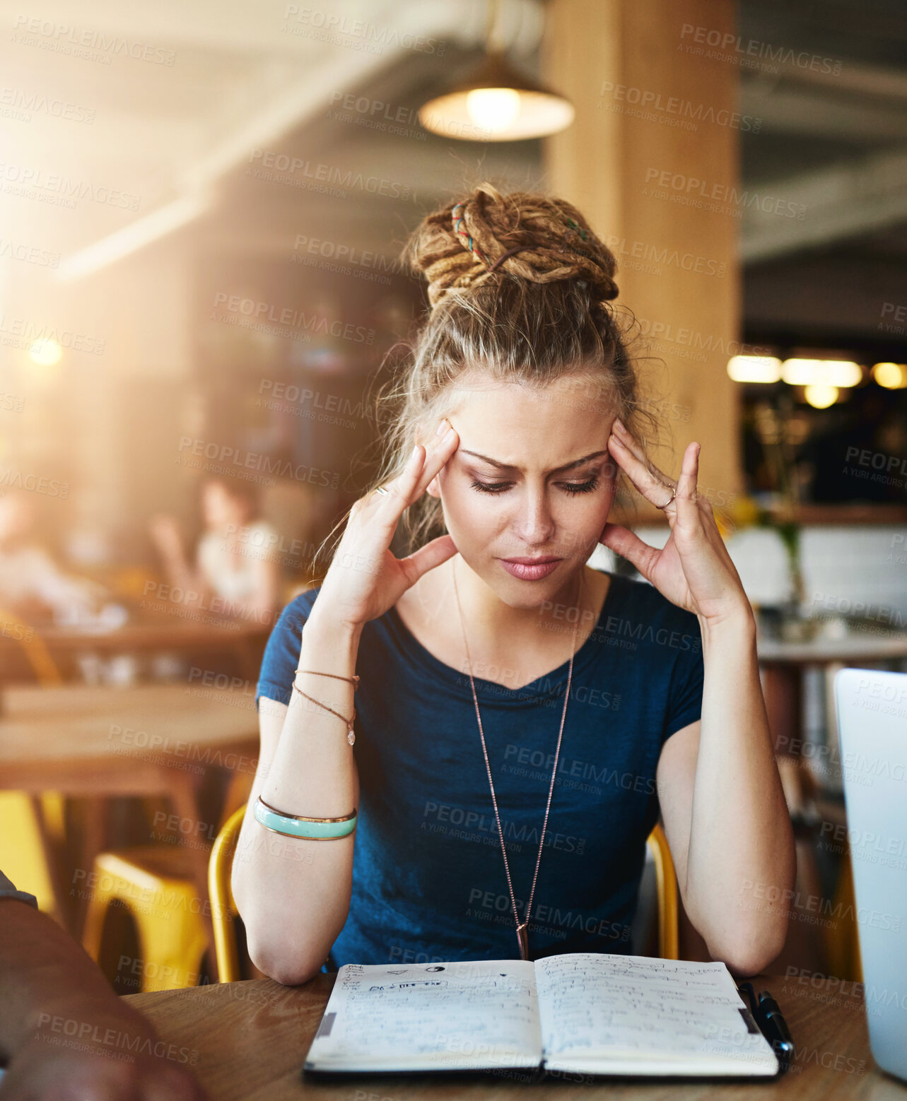 Buy stock photo Book, stress and girl with headache at cafe for learning with vertigo, disaster or brain fog at campus cafeteria. University, anxiety or student frustrated by notebook fail, overthinking or deadline