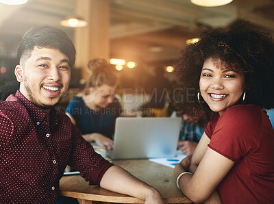 Buy stock photo Portrait, people and university student with smile at library on campus for exams, test and assignment. College learner, happy and satisfied with studies, progress and development with study group