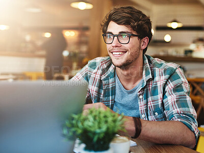 Buy stock photo Man, university student and happy with laptop at cafe on campus to study for exams, test and assignment. College learner, smile and satisfied with studies, progress and thinking with project ideas