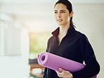 Yoga, mat and woman in gym thinking of progress in goals for fitness, wellness and healthy routine. Planning, schedule and girl confused by exercise in pilates, club or choice in morning with ideas