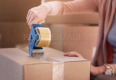 Buy stock photo Hands, boxes and woman with tape, moving and cardboard with package, real estate and property. Closeup, person and girl with machine, parcel and product with safety, interior and mortgage with lounge