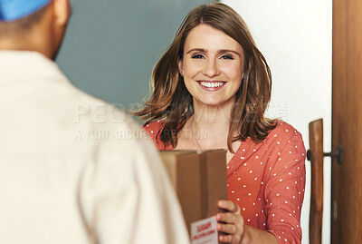 Buy stock photo Home, delivery and woman face with ecommerce box in front door with courier, product or shipping order. Logistics, supply chain and customer portrait with online shopping, cargo or retail sale mail