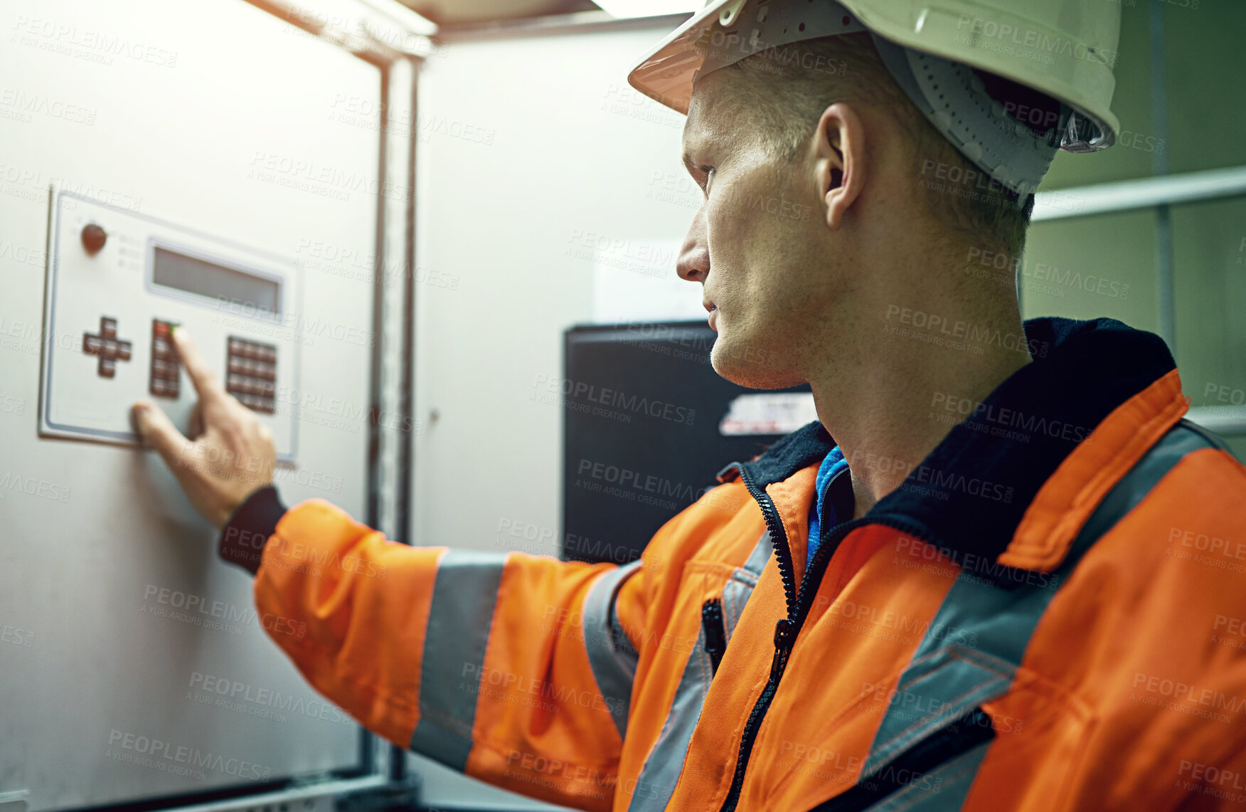 Buy stock photo Button, panel and man in electricity maintenance for industrial grid inspection at windmill. Renewable energy, engineering contractor or technician with safety for electrical circuit at power station