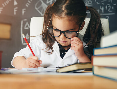 Buy stock photo Student, writing and girl in classroom, education and knowledge with science, prodigy and intelligent. Person, kid and child development with ideas, learning and glasses with study, school and books