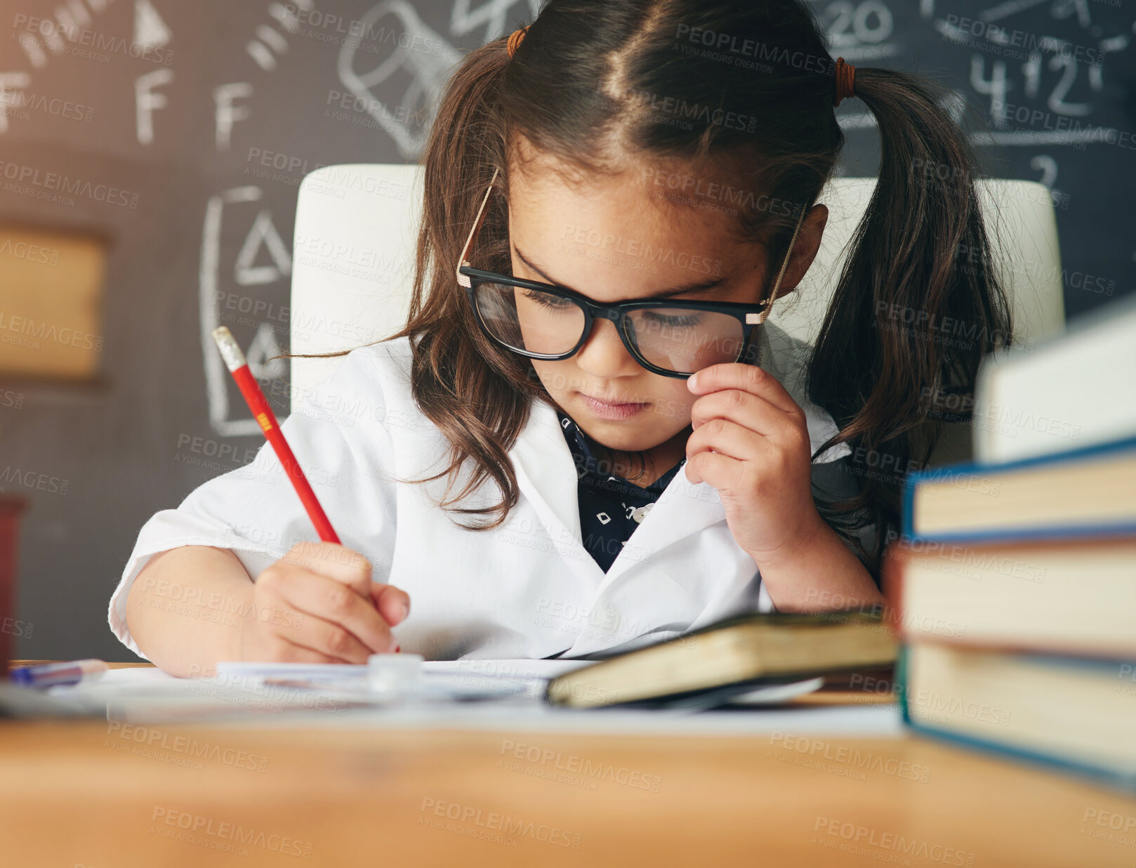 Buy stock photo Student, writing and girl in classroom, education and knowledge with science, prodigy and intelligent. Person, kid and child development with ideas, learning and glasses with study, school and books