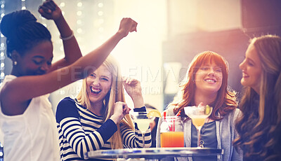 Buy stock photo Nightclub, friends and women with cocktails, party and excited with happiness, dancing and bonding together. People, group and girls with event, smile and drinks for weekend social gathering