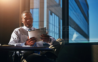 Buy stock photo Black man, tablet and planning in office, online and accountant for stock market website. Person, startup and entrepreneur for networking or check email, communication and app for business contact