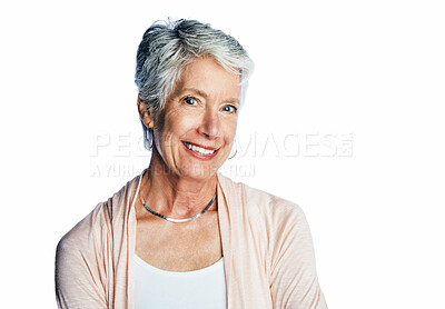Buy stock photo Skincare, portrait and senior woman in studio with wellness, cosmetics and anti aging treatment results on white background. Beauty, face and elderly model smile for dermatology, glow or makeover