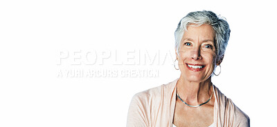 Buy stock photo Senior, woman and portrait in studio with smile on white background with mockup space, retirement or relaxing. Female person, face and retired pride in England with happiness, pensioner or wrinkles