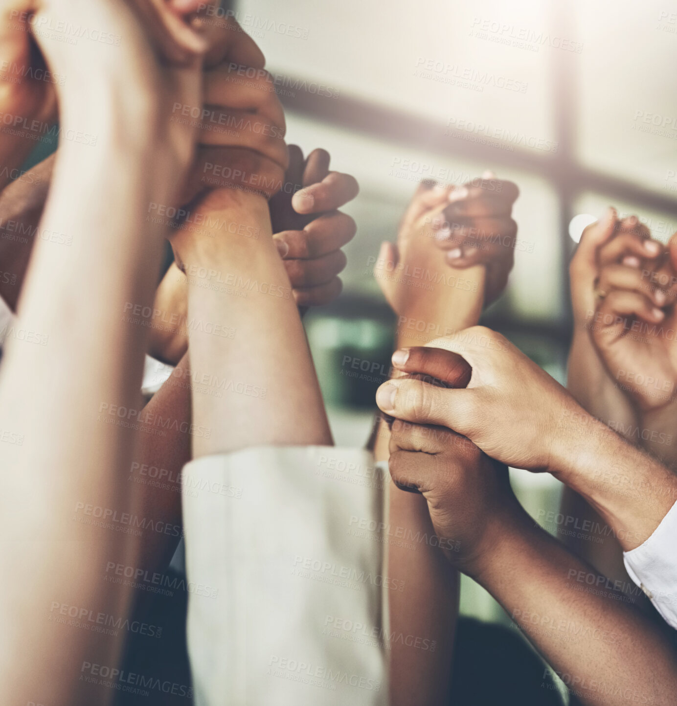Buy stock photo Business people, holding hands and group solidarity with support for team building, help or collaboration. Partnership, fingers and corporate trust for staff union or colleagues, goal or agreement