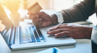Buy stock photo Hands, business and man with laptop, credit card and ecommerce with online payment, fintech and transaction. Closeup, employee and consultant with pc, trading and budget with savings and investment