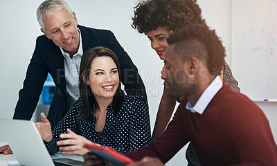 Buy stock photo Laptop, business people and brainstorming with teamwork, conversation and planning for project. Group, staff and employees with computer, support and design agency with website info, idea or research