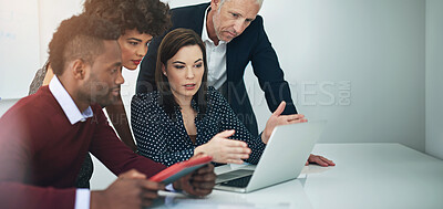 Buy stock photo Business people, laptop and web advice with teamwork, collaboration and boardroom with computer. Online research, discussion and public relations staff with planning and working on project together