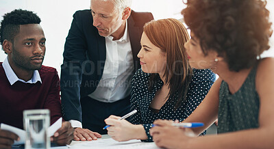 Buy stock photo Business men, group and discussion with documents for problem solving, solution and negotiation in office. Leader, manager or mature person with thinking, brainstorming and planning with paperwork