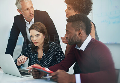 Buy stock photo Business people, tech and conversation with teamwork, collaboration and boardroom with laptop. Online research, discussion and public relations staff with planning and working on project together