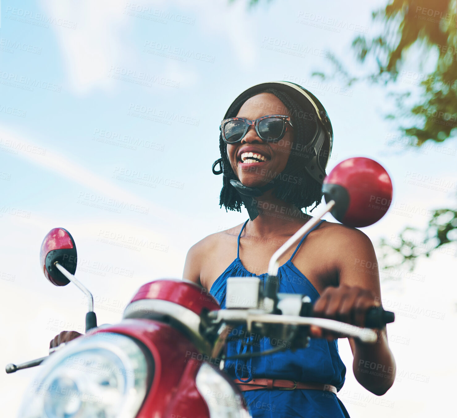 Buy stock photo Black woman, scooter and smile outside with helmet for fun in summer on vacation or holiday with happiness. Joy, vehicle and travel with safety in nature with tourist in France, cheerful and sunshine
