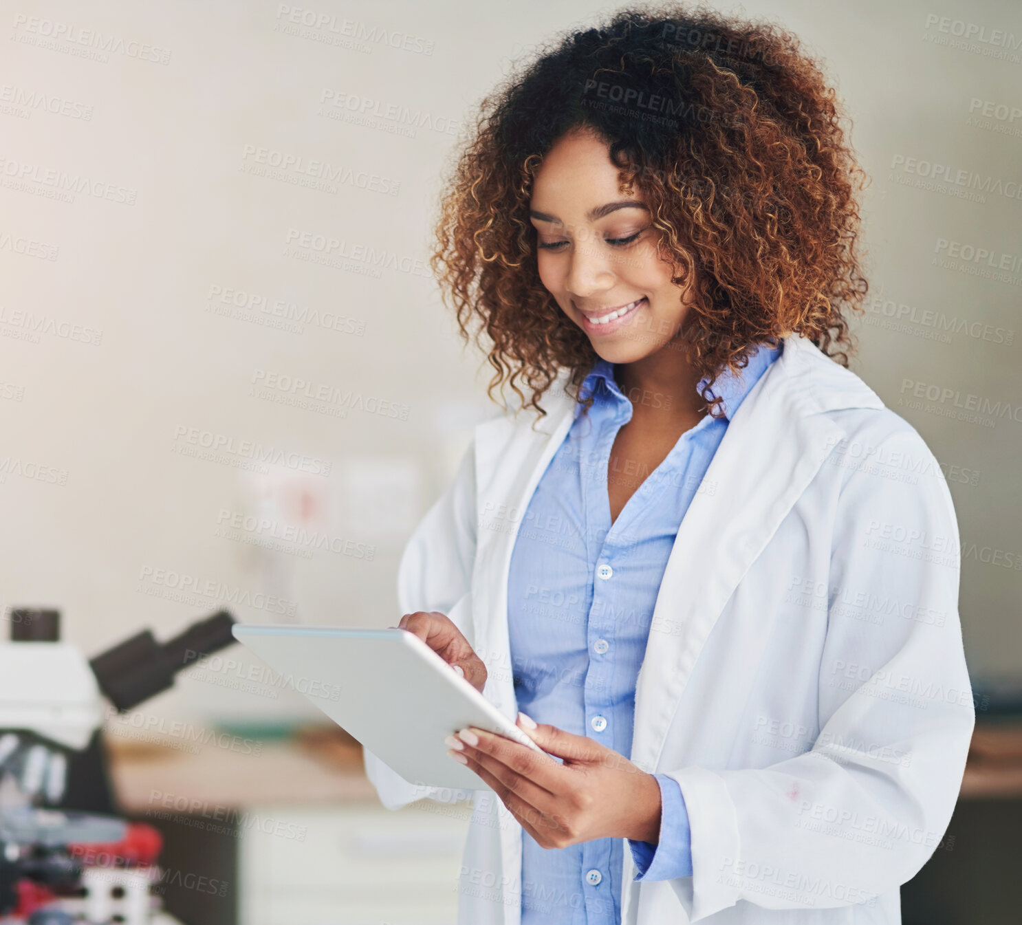 Buy stock photo Scientist, reading and woman in lab with tablet for test, data or study research info online for vaccine. Science, tech and person check results of medical experiment or analysis of virus or bacteria