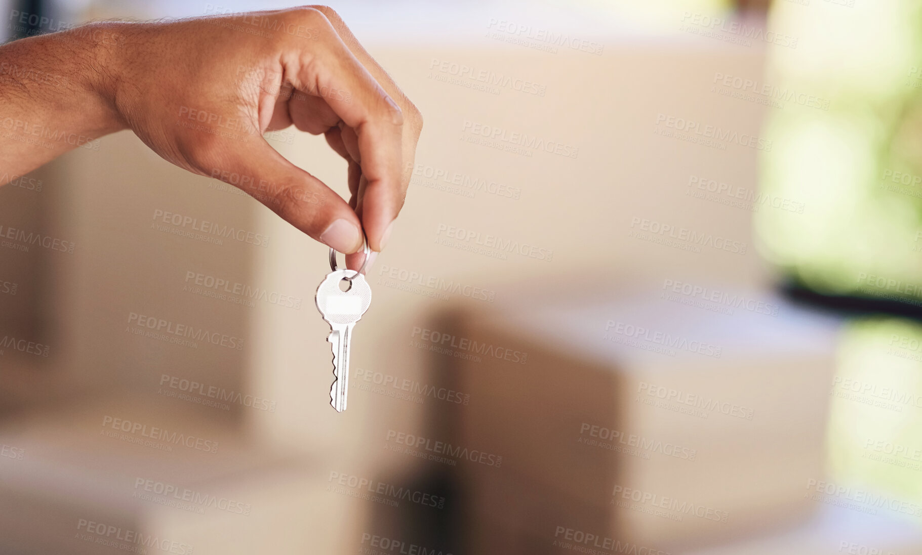 Buy stock photo Man, hand and fingers with key for new home or real estate, boxes for moving or rent. Person, closeup and palm in house with cardboard for property, security or investment with mortgage or loan