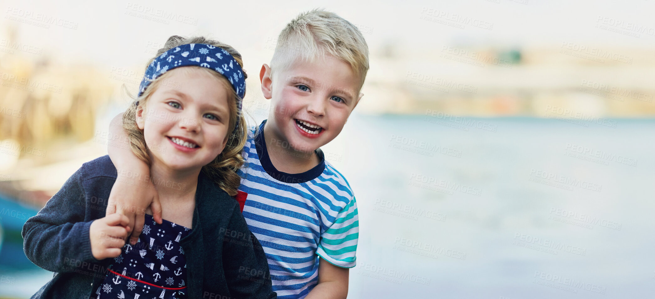 Buy stock photo Happy, siblings and hug in outdoor for portrait with love, bonding and family, holiday and beach in summer for memory. Smile, boy and girl, kids and adventure, together and relationship with care 