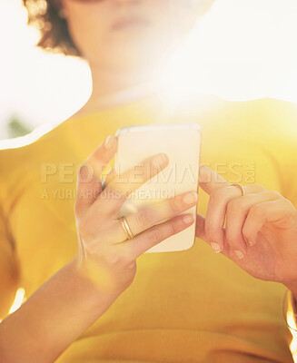 Buy stock photo Woman, phone and cropped in outdoor with search on social media, online for communication with internet. Female person, mobile and outside for conversation on web with application, student with email