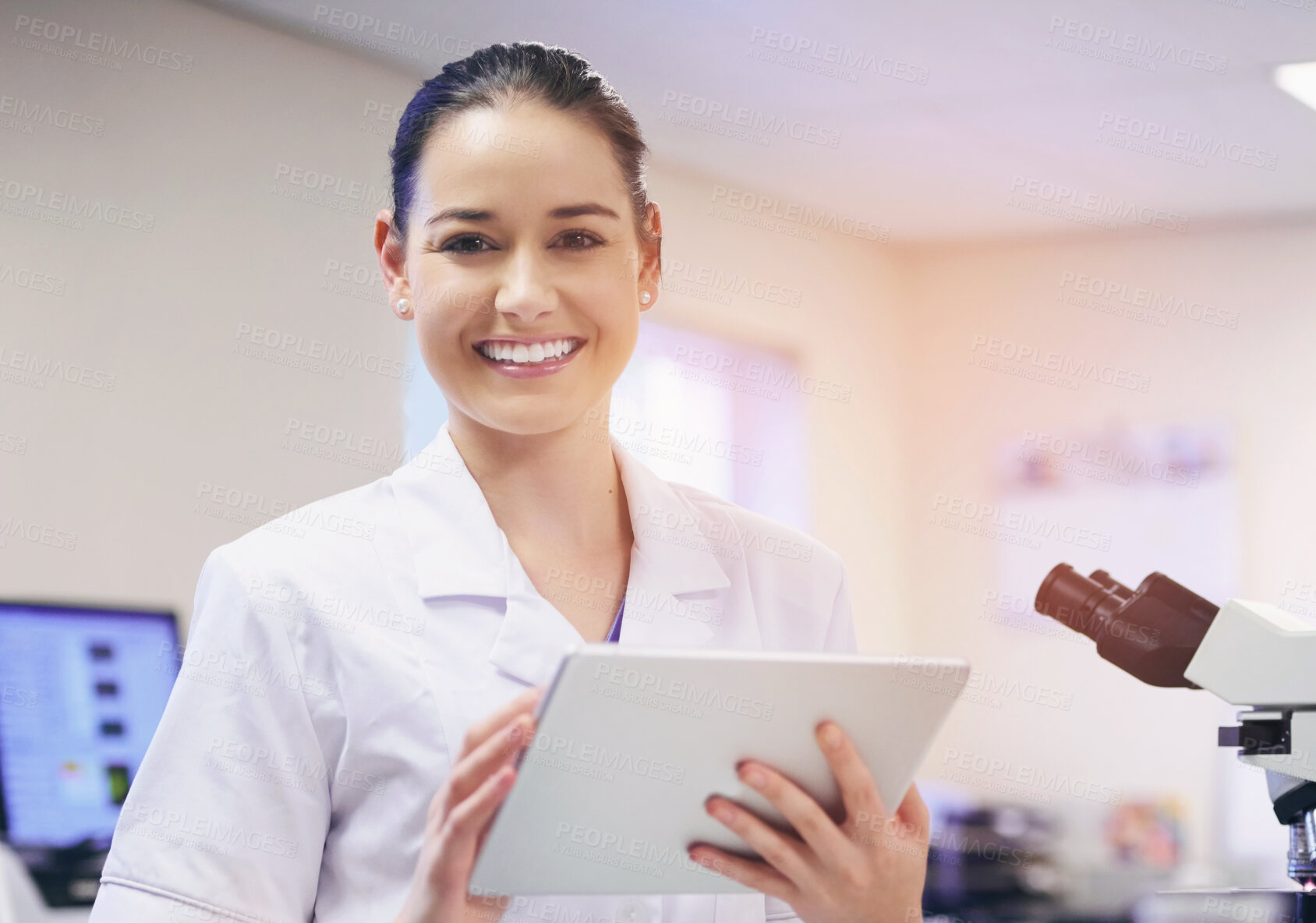 Buy stock photo Portrait, tablet and scientist in laboratory for innovation, breakthrough and medical research or development. Smile, technology and woman with news, discovery and data analysis or science in Germany