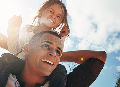 Buy stock photo Blue sky, happy and dad with girl on shoulder in park for child development, support and outdoor adventure. Excited, playful and low angle of man with kid for fun bonding, love or care on fathers day