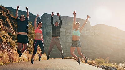 Buy stock photo Outdoor, fitness and jump to celebrate, friends and nature of mountain, portrait and happiness for wellness. Athlete, men and women in air, excited and exercise in summer, sports and together