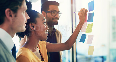 Buy stock photo Woman, moodboard writing and team business meeting with planning and brainstorming. Company collaboration, teamwork and diversity with startup people working and strategy notes and schedule plan