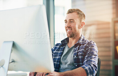Buy stock photo Thinking, business and man with computer, typing and online reading with journalist, internet and website info. Person, employee or magazine editor with pc, smile and opportunity with problem solving