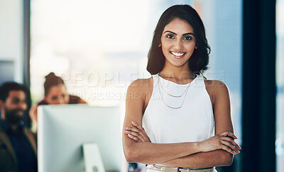 Buy stock photo Portrait, business and woman with arms crossed, smile or happiness with startup, corporate company or career ambition. Face, person or employee in modern office, professional or confidence with pride