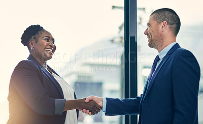 Buy stock photo Business people, handshake and meeting deal or hiring welcome for company recruitment, onboarding or teamwork. Man, woman and b2b partnership in office with affirmative action, promotion or hello