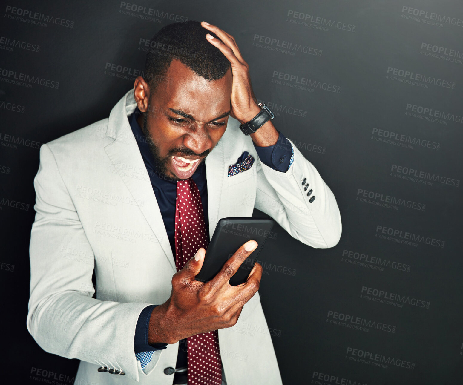 Buy stock photo Angry, businessman and shocked by news with phone scam or fraud notification on studio background. Phishing, crisis and black man frustrated by surprise alert, announcement or crypto stocks disaster