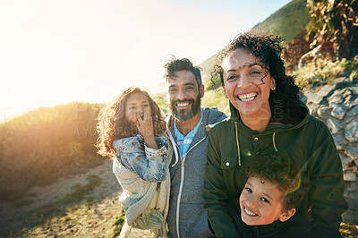 Buy stock photo Vacation, mountain and outdoor portrait of family with smile, nature and bonding together on travel adventure. Mom, dad and children on summer holiday with hiking, happy face and sunshine on hill