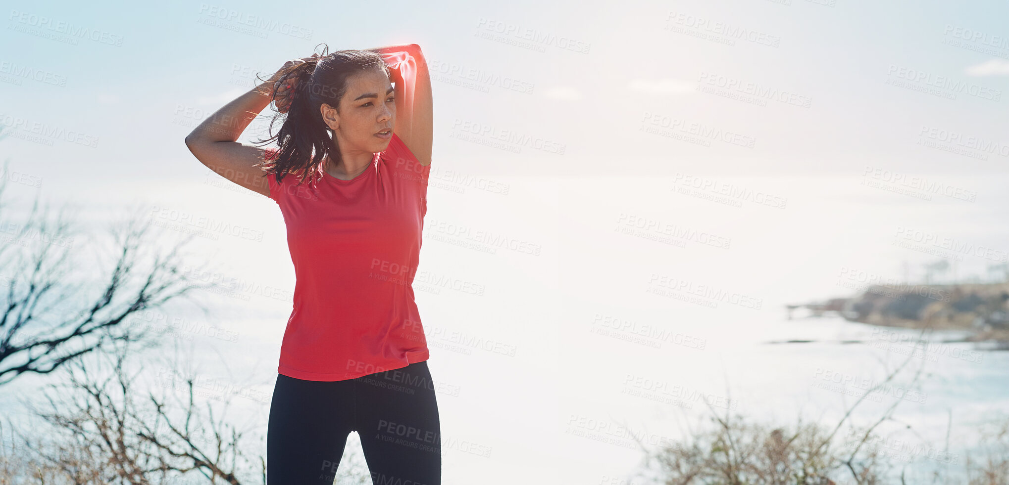 Buy stock photo Fitness, nature and stretching with sports woman getting ready for cardio or running outdoor. Exercise, training or warm up and athlete person with red glow elbow for inflammation, health or workout