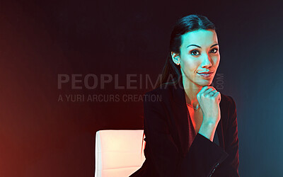 Buy stock photo Businesswoman, portrait and professional in studio as corporate confidence, investor or accountant. Female person, face and mockup space on black background with future growth, pride or entrepreneur