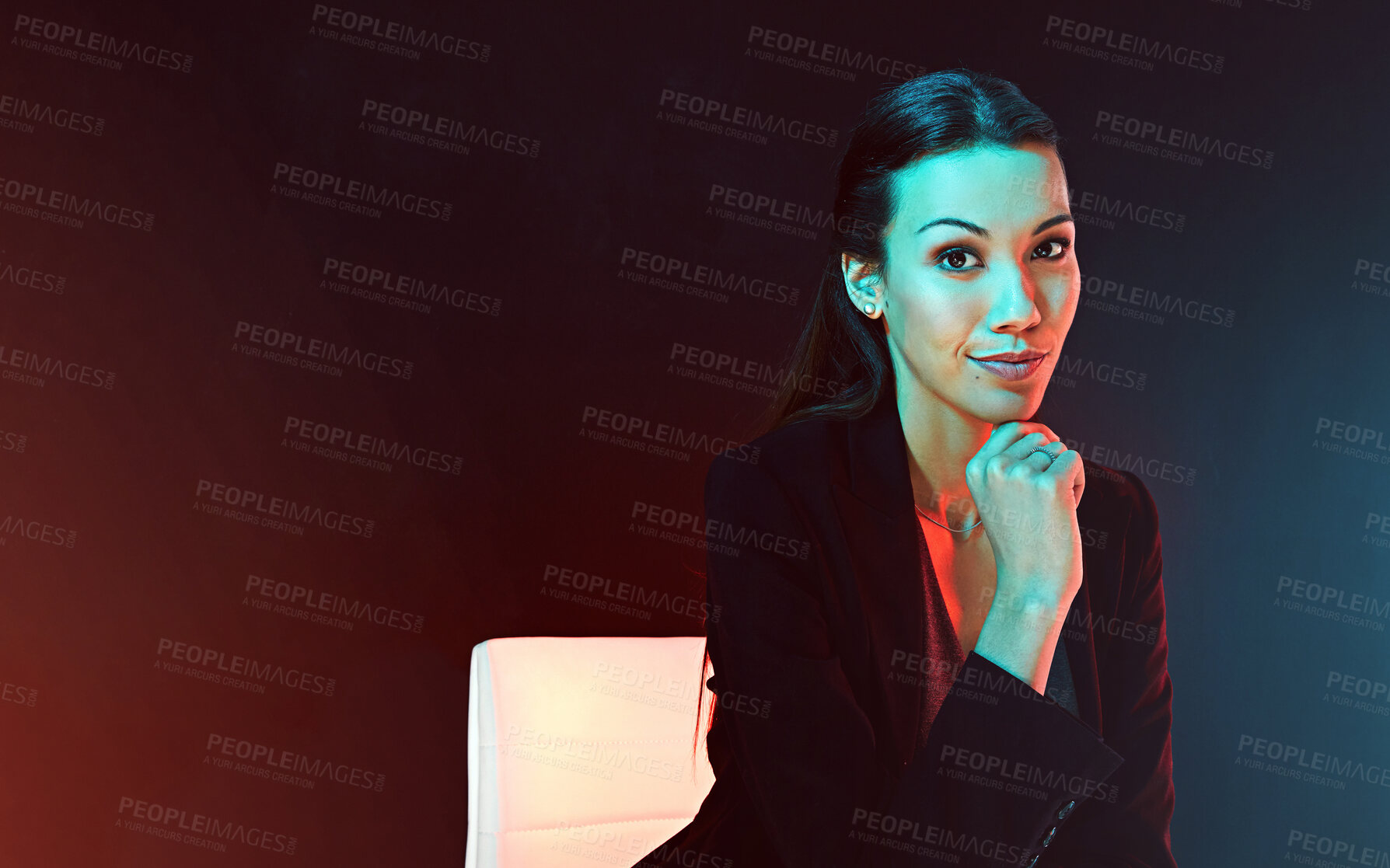 Buy stock photo Businesswoman, portrait and professional in studio as corporate confidence, investor or accountant. Female person, face and mockup space on black background with future growth, pride or entrepreneur