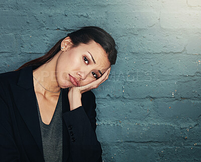 Buy stock photo Portrait, brick wall and business with woman, stress and tired with burnout, overworked and exhausted. Face, person and employee with fatigue, deadline and low energy with depression and frustrated