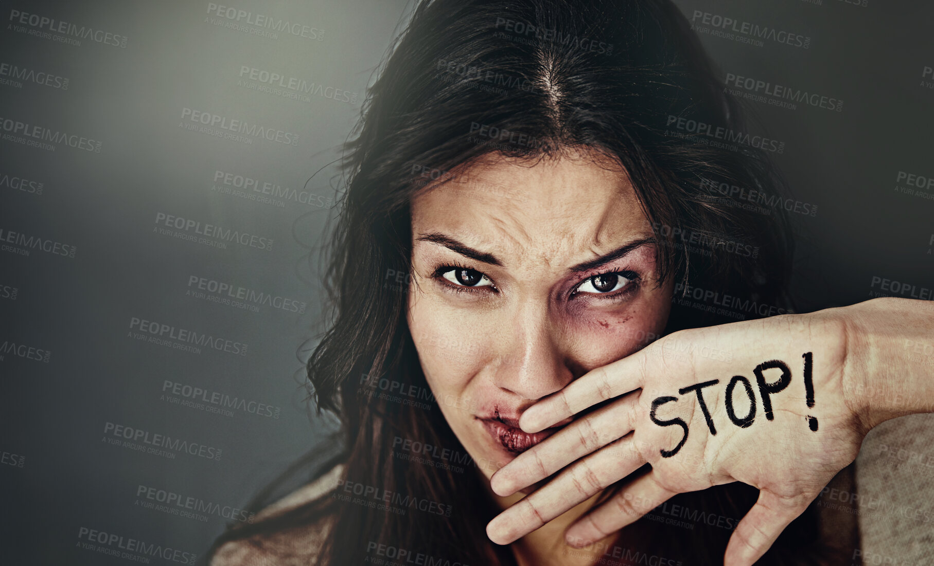 Buy stock photo Portrait, woman and hand with stop, crying and protection with fear, scared and crime with domestic violence. Bruise, person and girl with gesture, abuse and victim with emotions, defense and stress