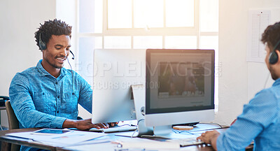Buy stock photo Call center, computer and business people in office consulting for telecom, customer service and insurance faq. Outsourcing, inbound marketing and men lead generation consultant team with b2b support