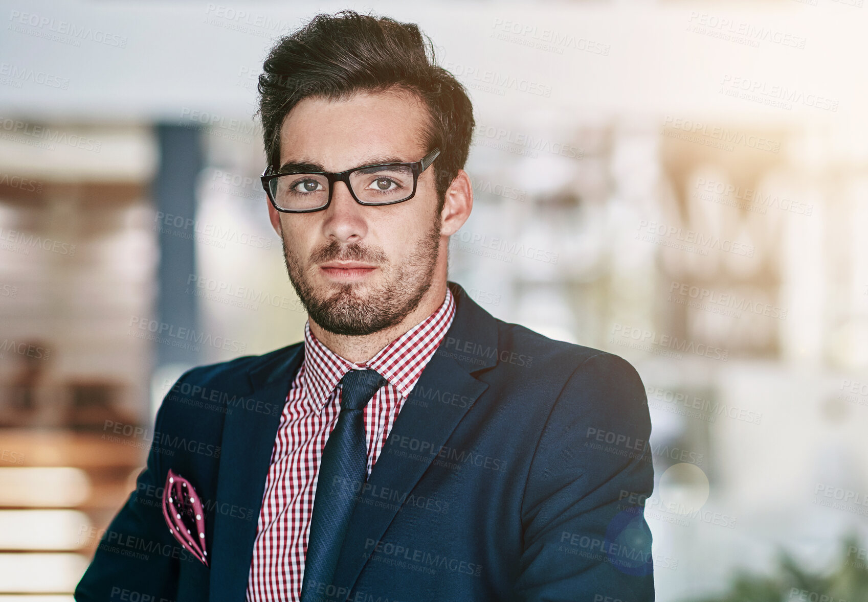Buy stock photo Businessman, portrait and fashion with glasses for career ambition, style or vision at office. Man, young staff and employee with suit in confidence for business, job or professional at workplace