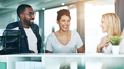 Buy stock photo Business people, happy and discussion by front desk in office with laughing, funny story and comic joke. Professional, employees and communication in workplace with collaboration, planning and ideas