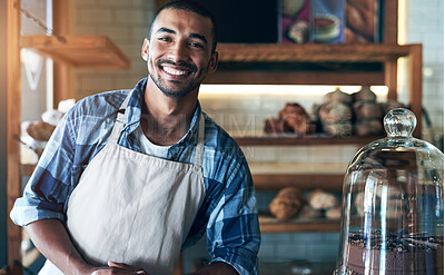 Buy stock photo Cafe, portrait and happy man waiter in bakery for store welcome, help and friendly hospitality service. Retail, startup and coffee shop or restaurant server with cake, cookies or counter assistance