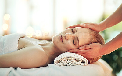 Buy stock photo Hands, woman and massage on bed at spa for health, wellness or relax for hospitality at resort. Masseuse, people and care for joint pain, muscle injury or physical therapy for healing at luxury salon