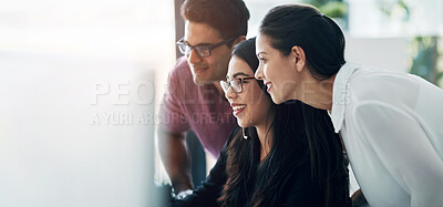 Buy stock photo Computer, women and man in office with advice, problem solving and online proposal for business plan. Teamwork, manager and consultant at desk together for project ideas, opinion and brainstorming