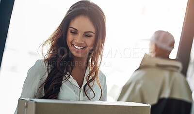 Buy stock photo Smile, package and woman at door with delivery man for online shopping sales, home distribution and transport service. Ecommerce, courier and happy customer with cardboard box, mail or post in house