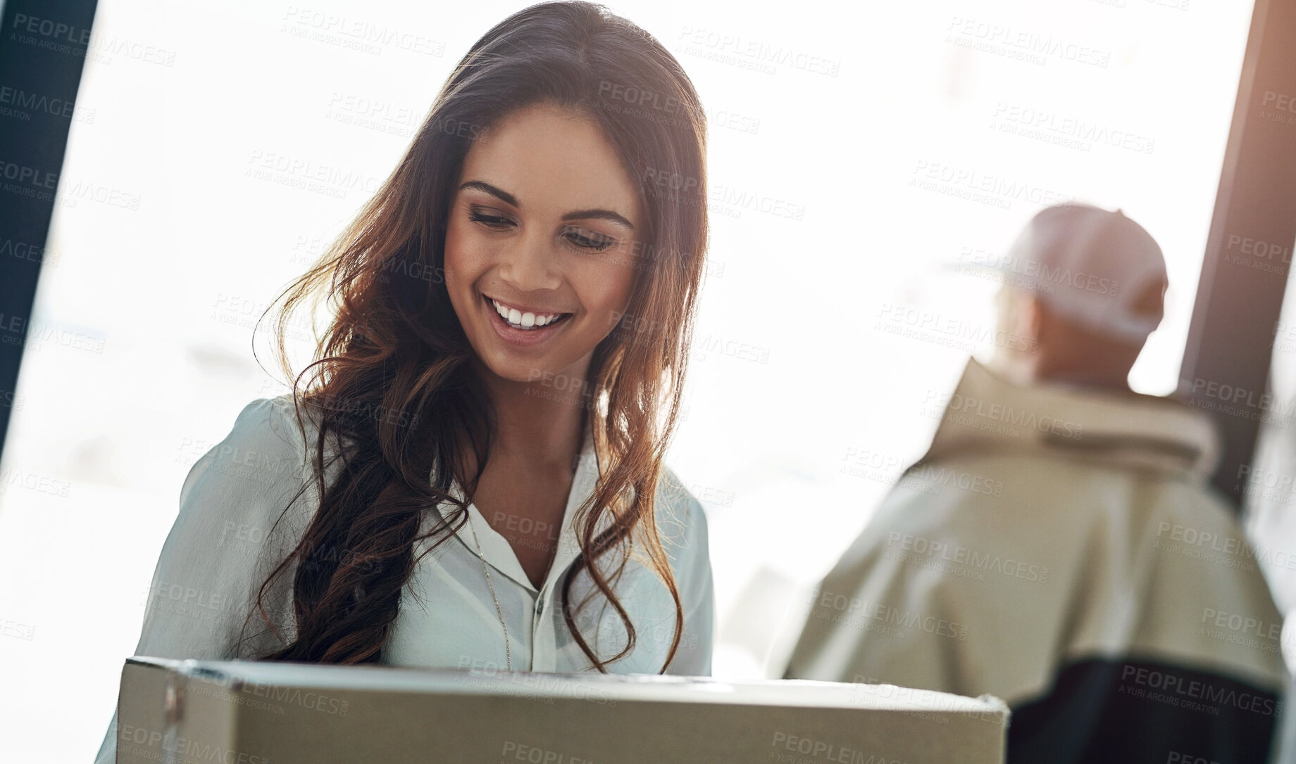 Buy stock photo Smile, package and woman at door with delivery man for online shopping sales, home distribution and transport service. Ecommerce, courier and happy customer with cardboard box, mail or post in house